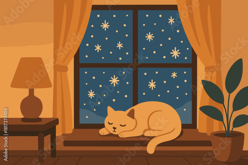 Resting window interior illustration feeling winter serenity outside vector evening comfort against