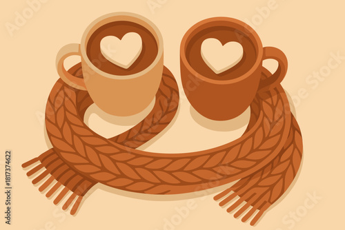 Vector colors closeness illustration knitted cocoa tenderness scene mugs coiled symbolizing cozy