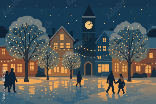 Illustration festive string glowing town vector reflections people warm square illuminated