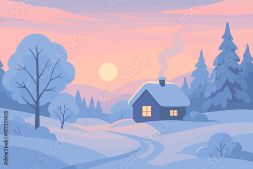 Sunrise serene vector frosted glowing quiet cabin landscape illustration amidst snowy