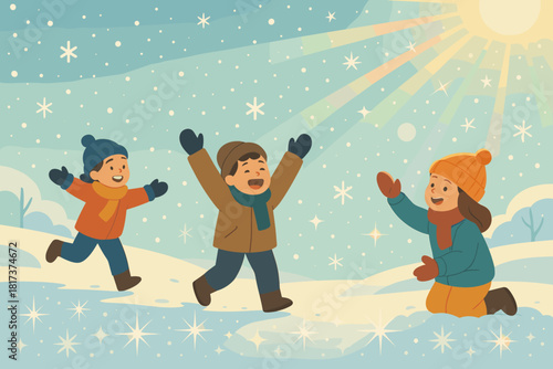 Simple winter sunlight reflections bright prism illustration children minimal joy playing scene