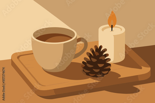 Candle life mindful tea tray light still expressing vector comfort wooden illustration