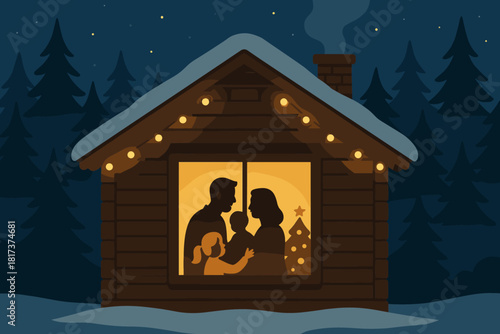 Family forest belonging cabin vector gentle contrasting silhouettes essence emotion illustration cozy
