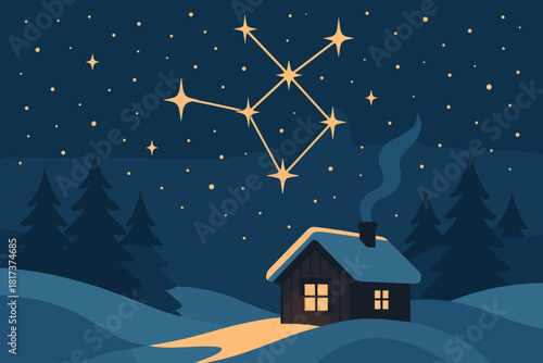 Light warm cosmic glowing winter illustration glow vector constellation cabin sky