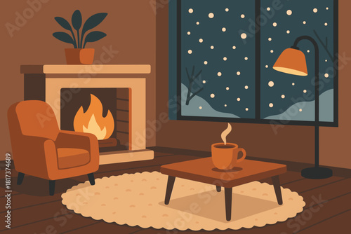Living rug wooden falling window winter illustration glowing room vector balance peaceful