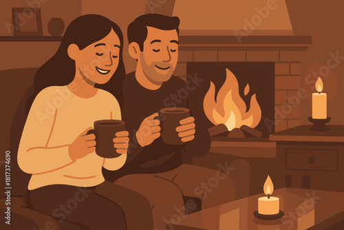 Fireside winter calm candlelight smiles serenity wooden fire illustration glowing gentle reflections