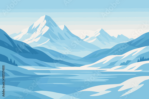 Landscape winter gradient peaceful mountains illustration vector lake sky icy frosty morning