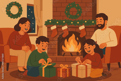 Decorated gifts warm vector festive family illustration around gathered gathering fireplace faces
