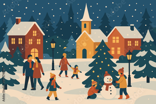 Building rooftops trees vector winter illustration snow snowy lanterns village festive