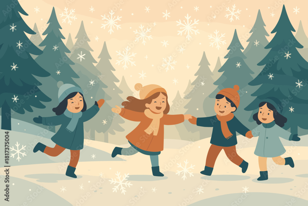 Fototapeta premium Snowy morning children dancing trees pine winter soft dance delight vector magical