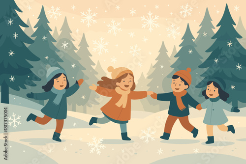 Snowy morning children dancing trees pine winter soft dance delight vector magical