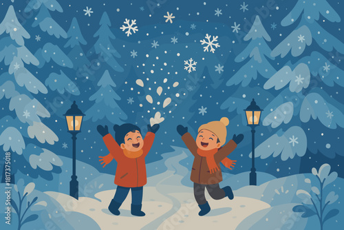 Vector snow illustration tossing soft lanterns trees frost winter scene joyful snowflake