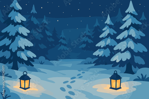 Illustration dusted vector glowing tranquil lanterns magical winter snow footprints night