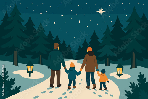 Night footprints vector walk walking family lanterns softly lining illustration winter stars