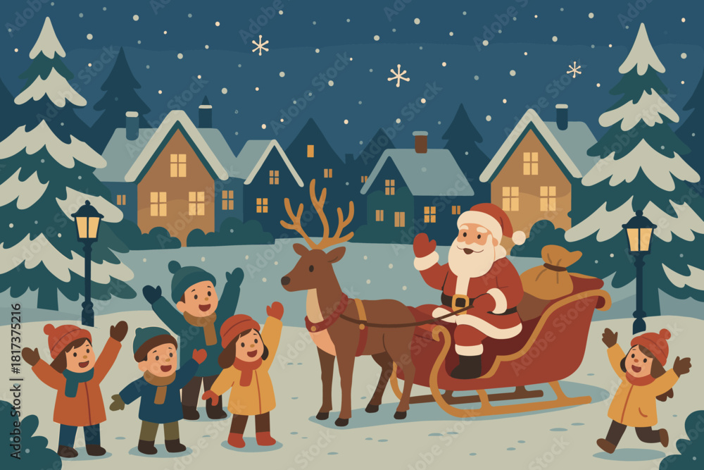 Naklejka premium Night pine cheering landing vector s illustration trees joyful lanterns santa snow