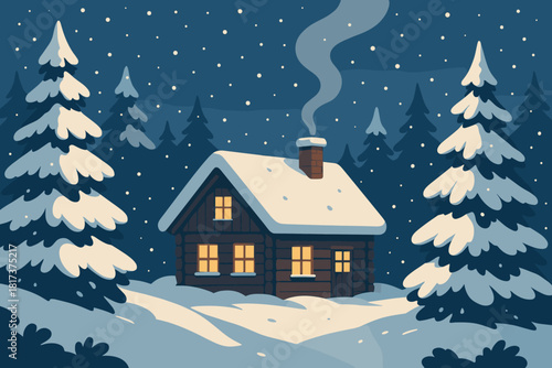 Pine gently trees cozy snowy chimney rising covered illustration cabin vector smoke