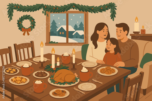 Mugs festive plates cookies dining vector illustration nearby garlands winter holiday