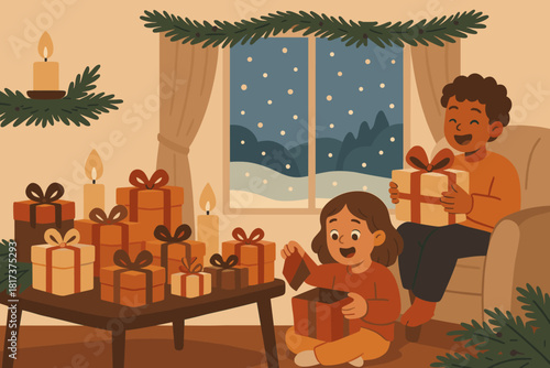 Snow vector pine covered unwrapping indoor table joyful scene wrapped illustration gift