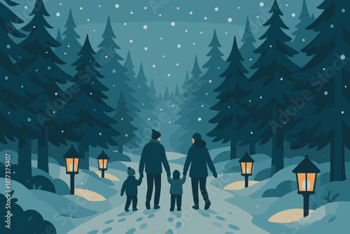 Illustration forest lanterns walking snowfall winter glowing footprints woodland walk vector soft