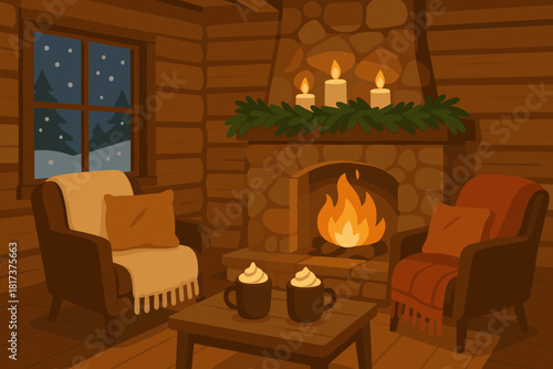 Warm glowing garlands cocoa window cabin illustration cozy mugs retreat fireplace vector