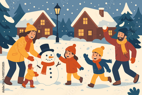 Holiday glowing snowballs illustration warmly children building vector scene winter family joyful
