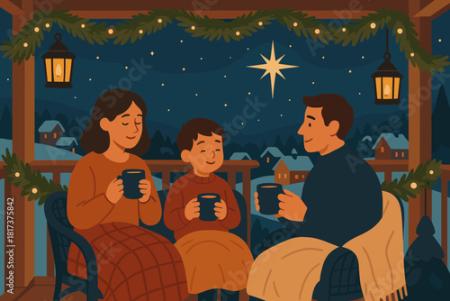 Illustration balcony cocoa village star garlands cozy family chairs vector stargazing shining