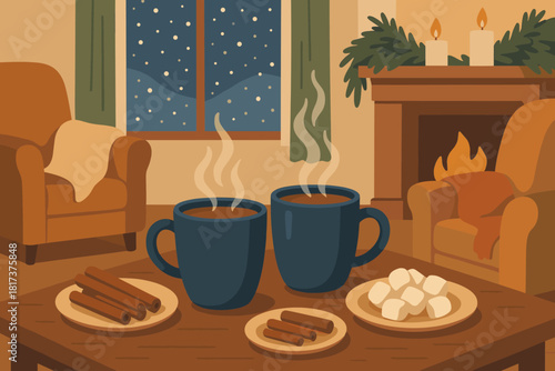 Vector retreat cozy steaming decorating chairs table cocoa illustration candles blankets pine