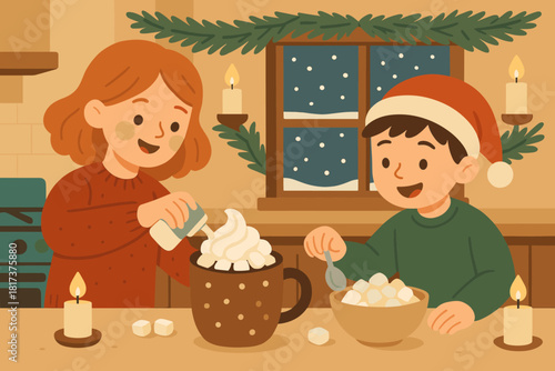 Cocoa marshmallows vector cozy softly interior scene illustration winter moments decorating