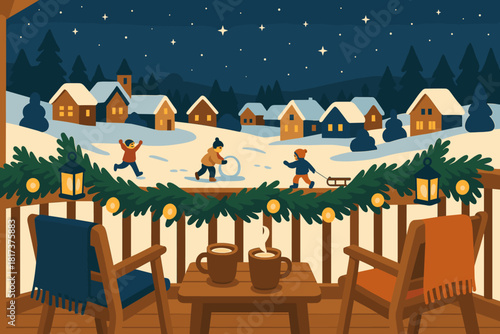 Illustration balcony vector mugs lanterns below cozy overlooking chairs nearby railing winter