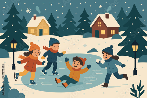 Joyful holiday skating around fun frozen trees illustration drifting wonderland winter vector