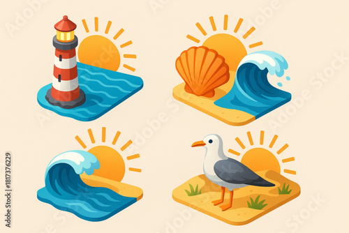 Coastal Sunrise Icons – Colorful Isometric Vector Set