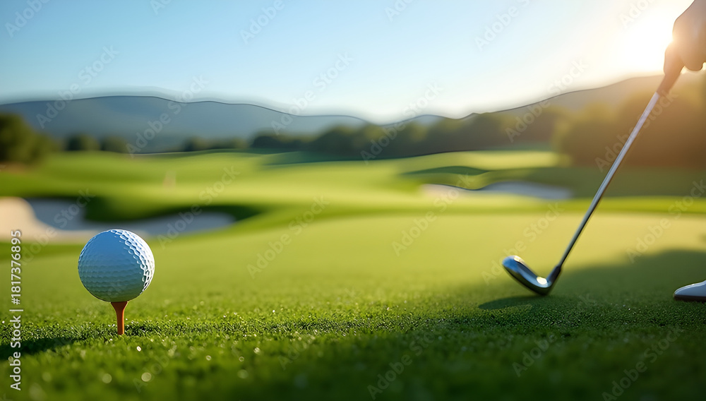 Obraz premium Golfer Preparing to Tee Off with Club and Ball on a Sunny Green Course