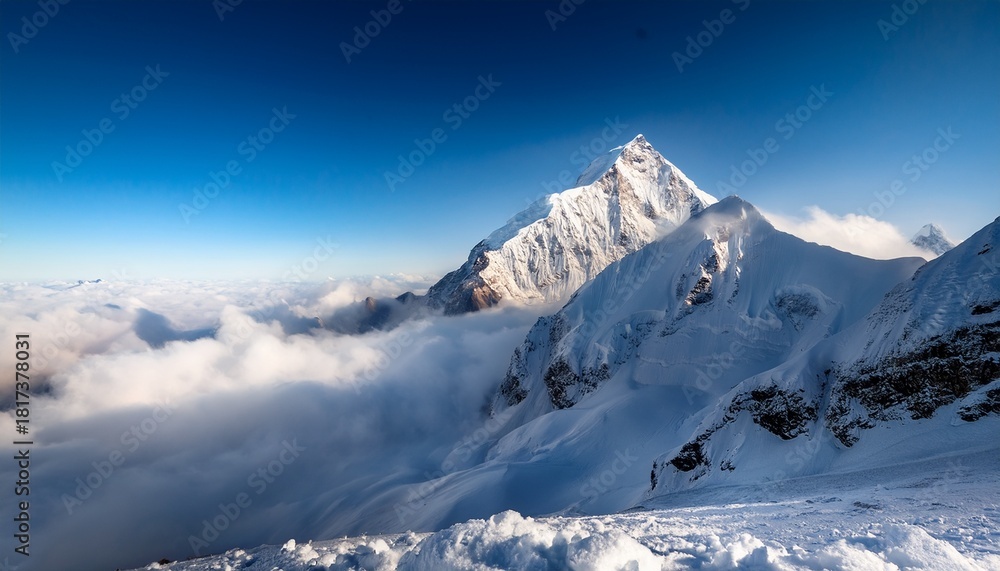 Obraz premium A Majestic Snowy Mountain Peak Rising Above Fluffy Clouds Showcasing Natural Beauty And Serenity In A Breathtaking Alpine Landscape