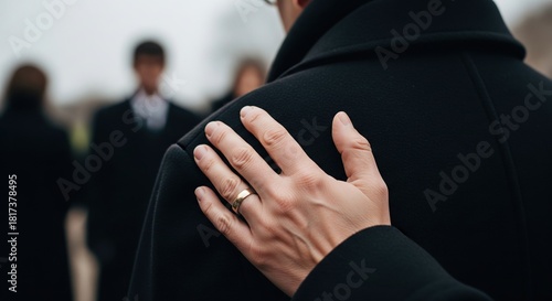 Closeup of a comforting hand on shoulder at a funeral service representing grief support and empathy poster.