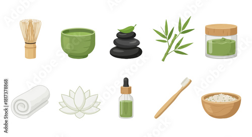 Collection of wellness and beauty items including a matcha tea set, bamboo, stones, and spa accessories
