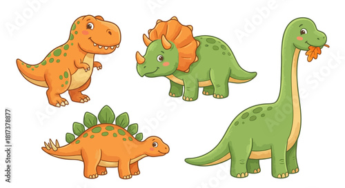 A delightful set of cute cartoon dinosaurs featuring T-Rex, Triceratops, Stegosaurus, and Brontosaurus, perfect for children's education and playful design projects