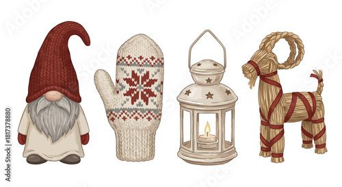 Cozy Scandinavian Christmas celebration set with hand-drawn illustrations of a gnome, festive lantern, holiday mitten, and traditional straw goat
