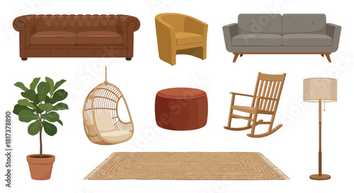 Diverse Collection of Stylish Home Furniture and Decor Elements for Modern Interior Design Projects, Featuring Sofas, Chairs, Lamps, and Plants