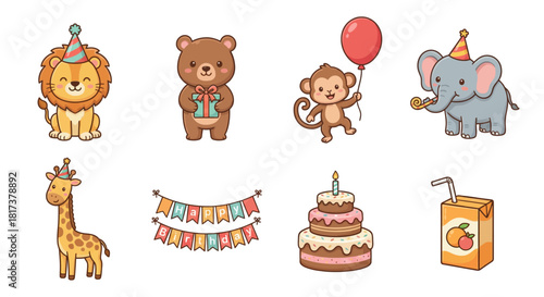 Collection of cute cartoon animal characters and party decorations for children's celebrations
