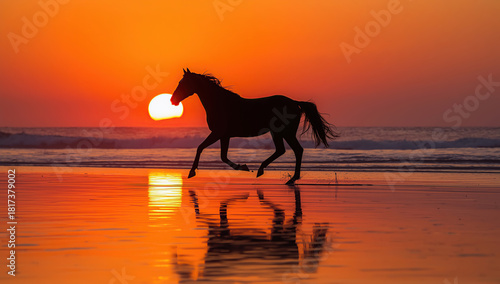 Dramatic silhouette of a horse running along the shoreline at sunset, captured against vibrant orange and purple sky tones