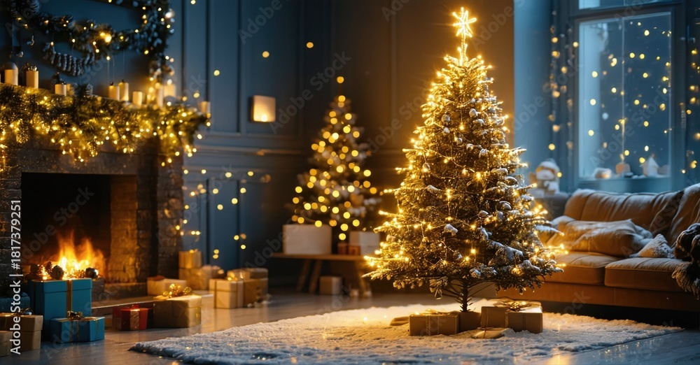 Obraz premium Cozy living room scene. Christmas tree glows, fireplace burns. Presents surround festive decorations, warm ambiance.