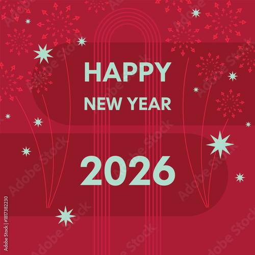 Square editable 2026 happy new year banner in warm deep red winter colors with graphical elements in flat minimalistic style. Suitable for web, social media, greeting or invitation cards. Vector.