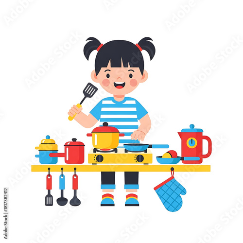 Cute Girl Cooking Pretend Play with Kitchen Utensils Vector