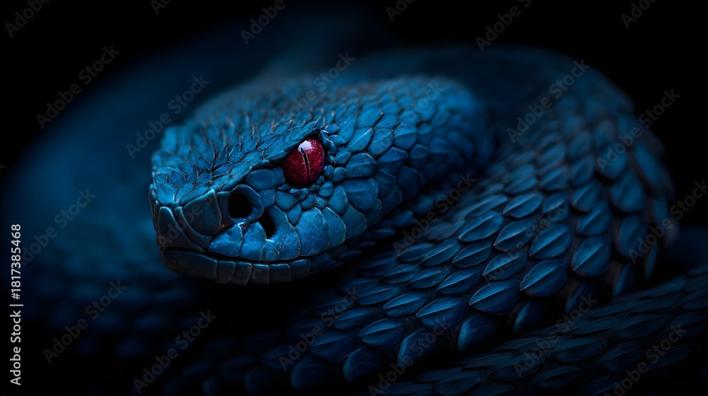 Fototapeta premium Close-up of a striking blue snake with piercing red eyes in a dark, mysterious setting.