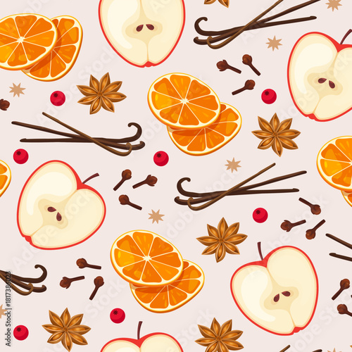 Food seamless pattern of sliced oranges, halved apples, cranberries, star anise, cloves, and vanilla beans on a light beige background. Aromatic autumn and winter spices print for packaging, culinary