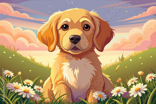 Golden retriever puppy sitting in meadow of daisies, warm sunlight, soft pastel colors, adorable innocent expression, dreamy natural background.