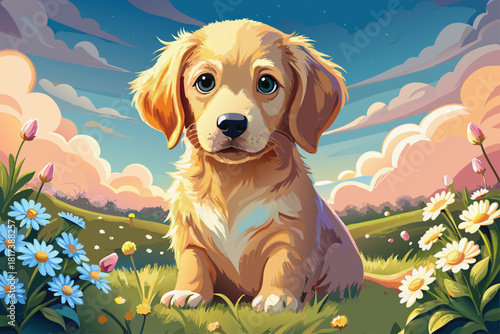 Golden retriever puppy sitting in meadow of daisies, warm sunlight, soft pastel colors, adorable innocent expression, dreamy natural background.