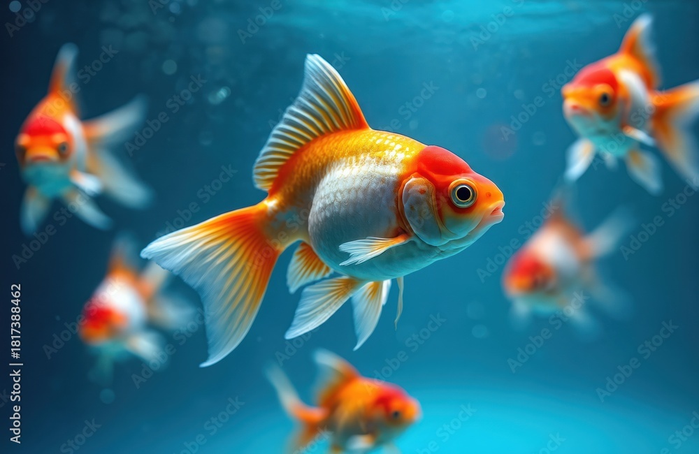 Fototapeta premium Several orange and white goldfish swim together in clear blue water. Fish have flowing fins and tails. One fish is in foreground, sharp and detailed, while others are blurred in background.