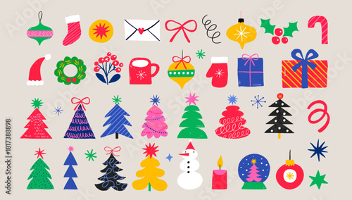 Colorful retro Christmas icons collection. Christmas trees, ornaments, snowman and other holiday elements set.