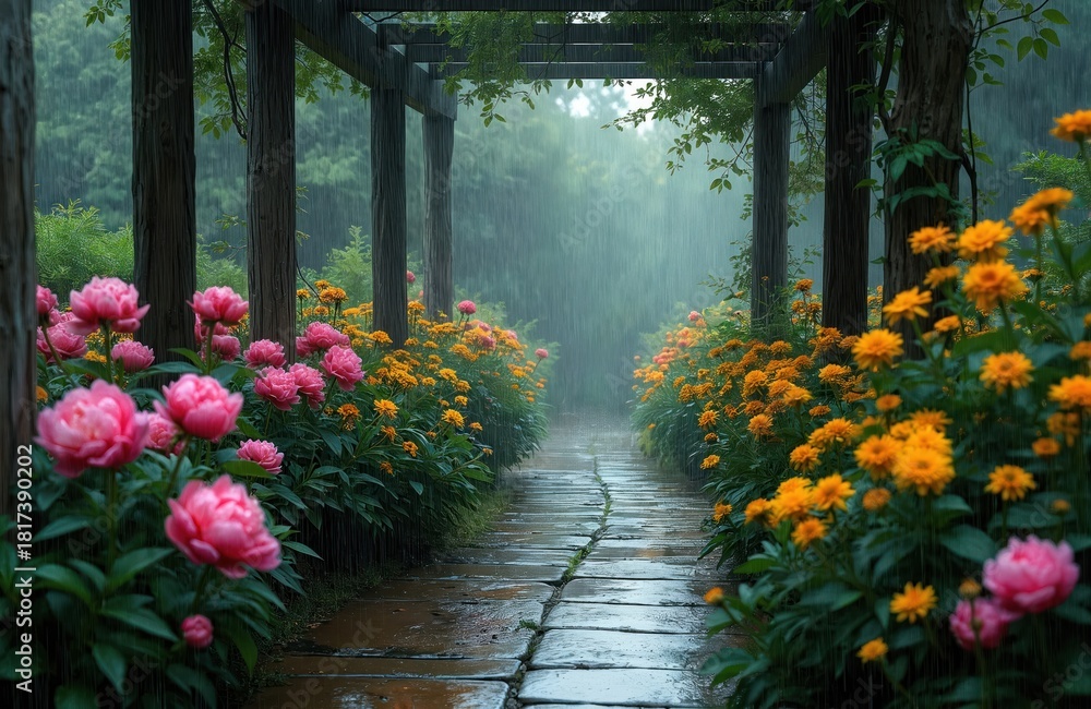 Fototapeta premium Garden path lined with pink and orange flowers. Rain falls softly on blooming plants under a wooden arbor. Lush greenery surrounds wet stone walkway. Peaceful nature scene.
